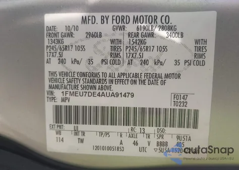 2010 Ford Explorer Xlt z USA, uszkodzony, nr VIN 1FMEU7DE4AUA91479